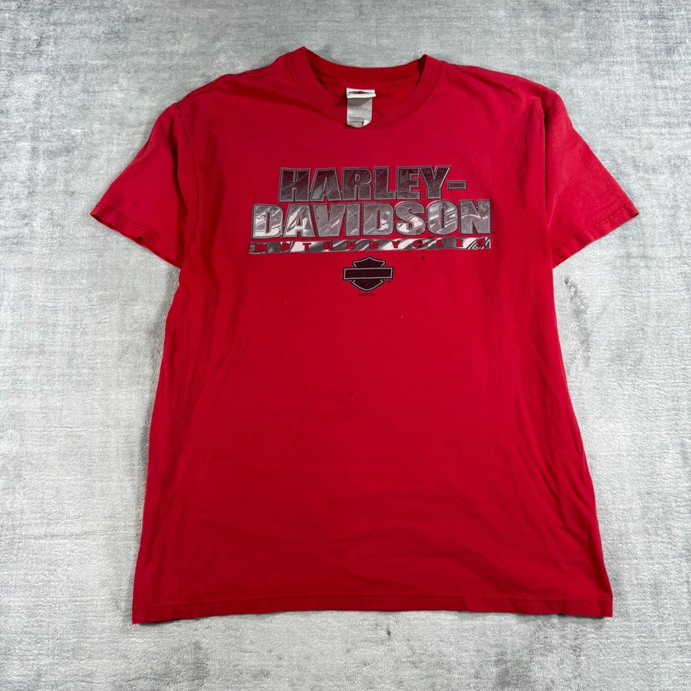 Harley Davidson Shirt Mens Large Red Vintage Y2K Spell Out 2004 Distressed Biker